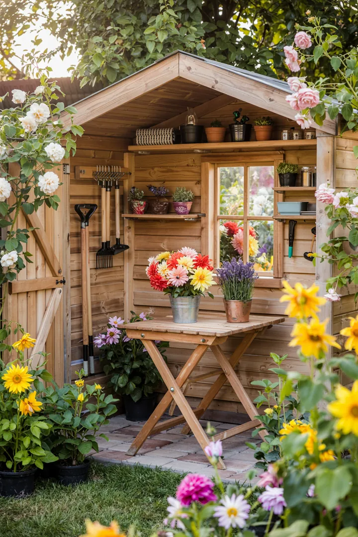 Ein stilvoller, gut organisierter Außenbereich mit einem funktionalen Geräteschuppen, der Werkzeuge und Gartenutensilien optimal aufbewahrt.