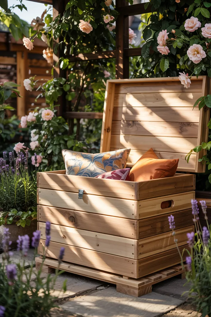 Eine stilvolle Aufbewahrungslösung für Gartenaccessoires, die gleichzeitig als dekoratives Element dient und den Außenbereich aufwertet.