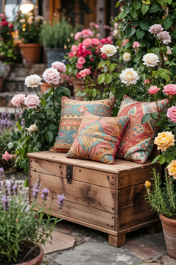 Eine stilvolle Sitzgelegenheit im Freien, die zusätzlichen Stauraum für Gartenutensilien bietet und die Schönheit des Außenbereichs unterstreicht. Ideal für entspannte Stunden.