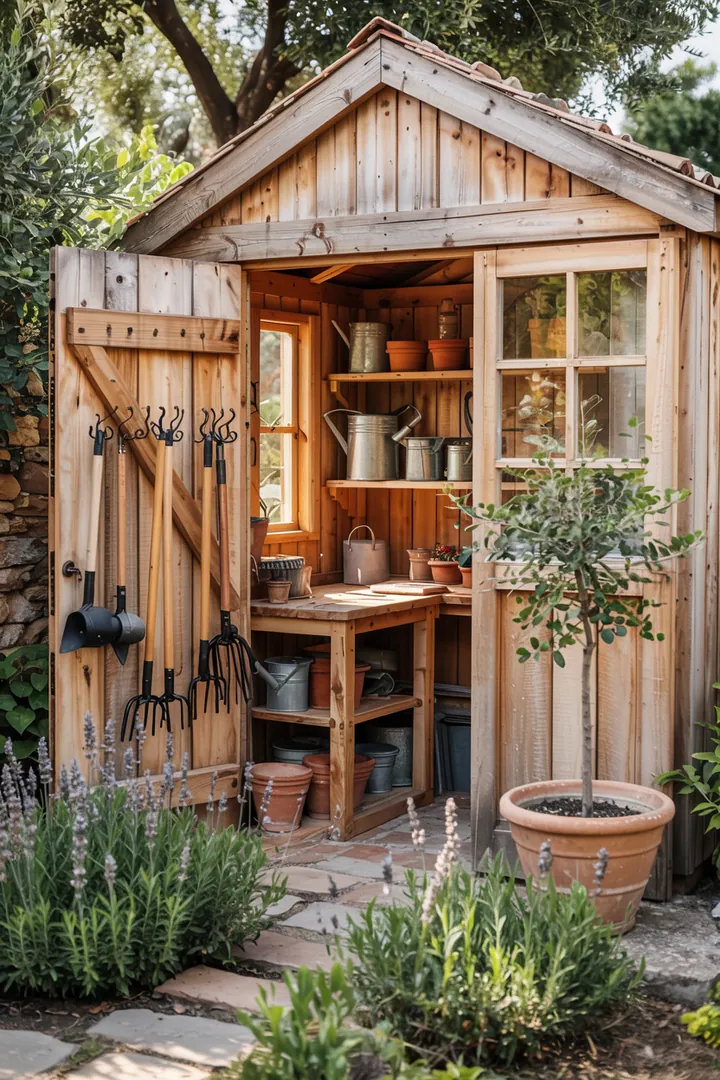 Ein gut organisiertes Aufbewahrungssystem für Gartenwerkzeuge, das kreativ in einem kleinen Außenbereich integriert ist.