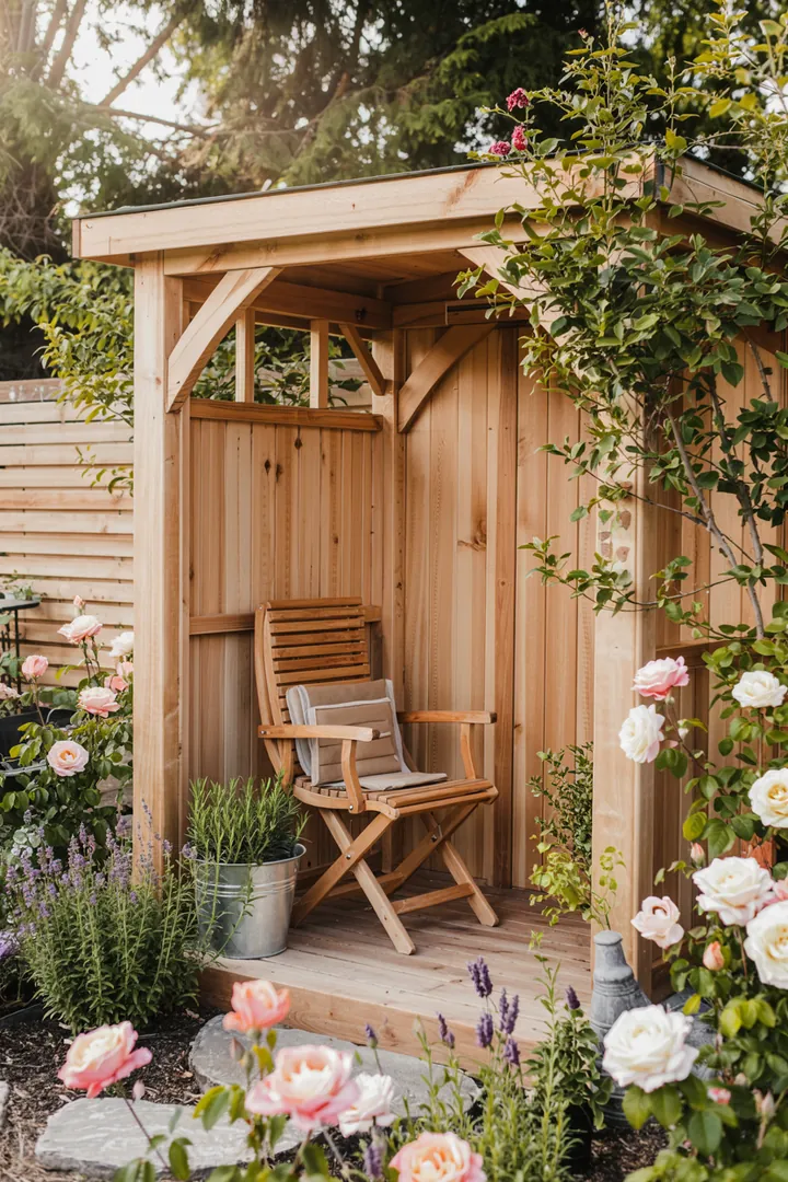 Ein stilvolles, modernes Holzunterstand im Freien, das perfekten Schutz bietet und ideal für entspannte Stunden im Garten ist.