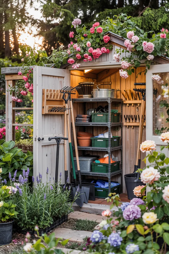 Gestalte einen rustikalen Rückzugsort im Freien mit einem selbstgebauten Aufbewahrungsort für Gartenwerkzeuge und kreative Ideen für den Außenbereich.