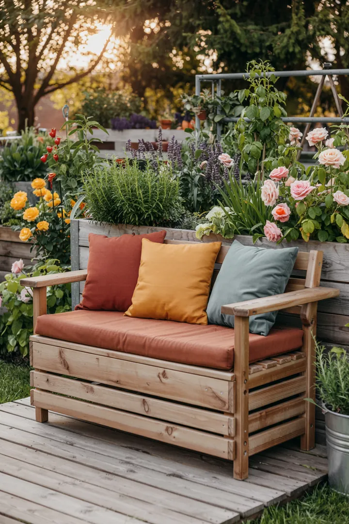 "Elegante Gartenlösung mit einem erhöhten Pflanzbehälter und praktischem Aufbewahrungsbereich für Werkzeuge und Zubehör."