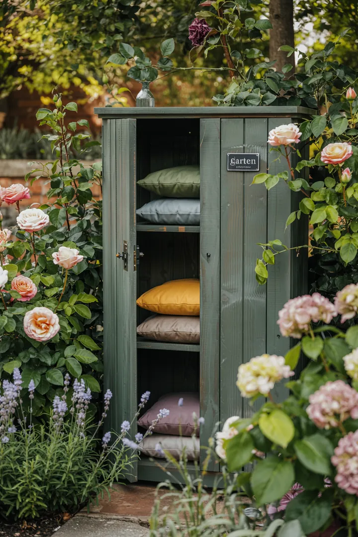 Ein stilvoller Aufbewahrungsschrank für den Außenbereich, ideal für wetterfeste Gartenutensilien und Dekorationselemente.