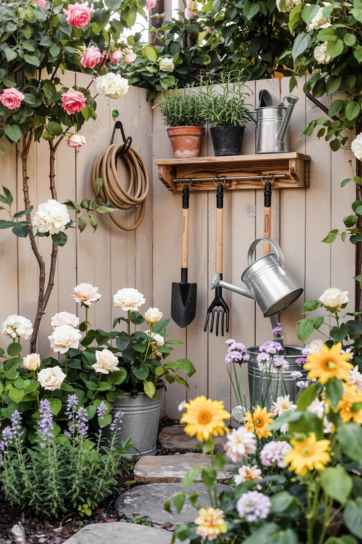 Ein gut strukturierter Außenbereich mit einem stilvollen Geräteschuppen zur praktischen Aufbewahrung von Werkzeugen und kreativen DIY-Ideen für die Gartenorganisation.