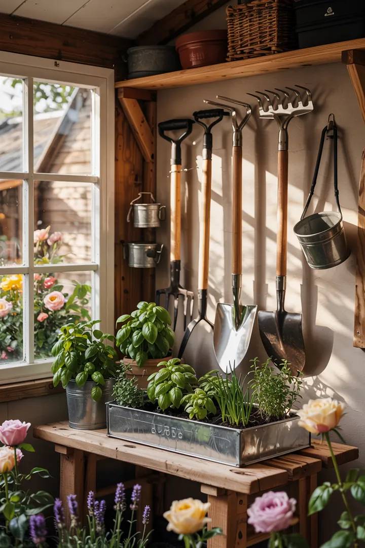 Ein stilvoller, gut organisierter Außenbereich mit einem praktischen Aufbewahrungssystem für Gartengeräte, das Ordnung im Gartenhaus schafft.