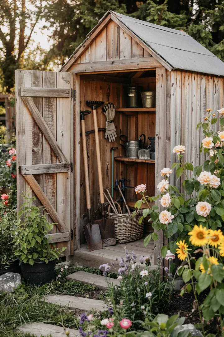 Praktische DIY-Lösung für die Aufbewahrung von Gartenwerkzeugen in einem selbstgebauten Geräteschrank, der Ordnung und Funktionalität vereint.