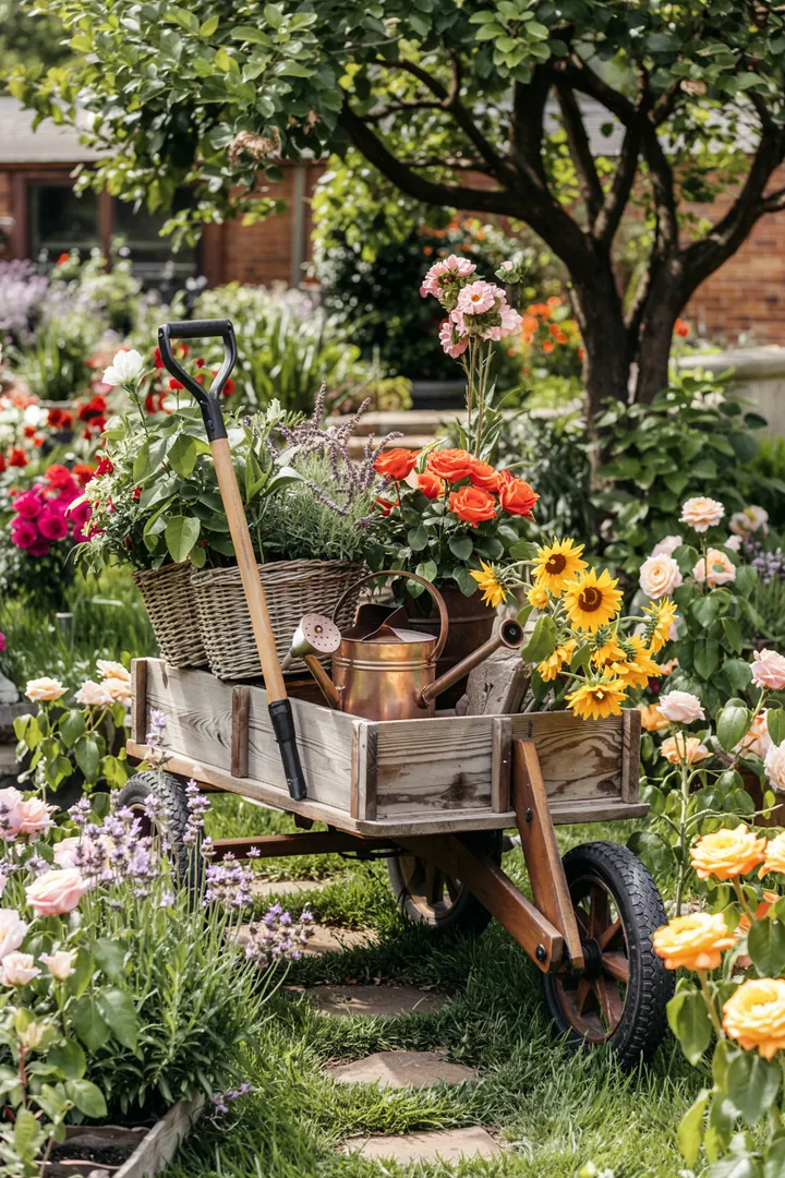Ein rustikales Gartenhaus mit charmantem, kleinem Überstand aus Holz, umgeben von üppigem Grün und bunten Blumen. Ideal für entspannte Stunden im Freien.