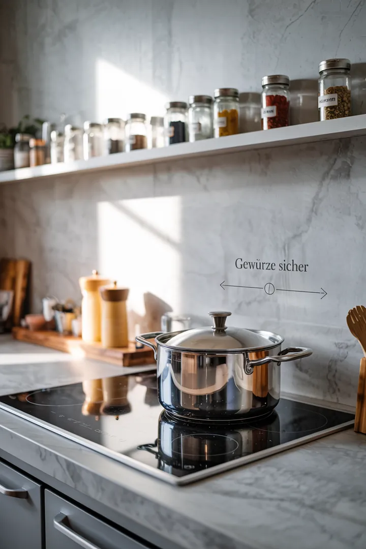 Offenes Regal neben dem Kochfeld mit beschrifteten Gewürzgläsern; deutlicher Abstand zur Flamme; Keyword Gewürze aufbewahren am Herd.