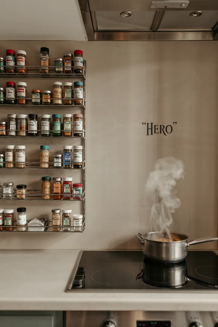 Detail eines schmalen Gewürzregals neben dem Kochfeld, Gewürzgläser in alphabetischer Ordnung; Keyword Küche Aufbewahrung Wand