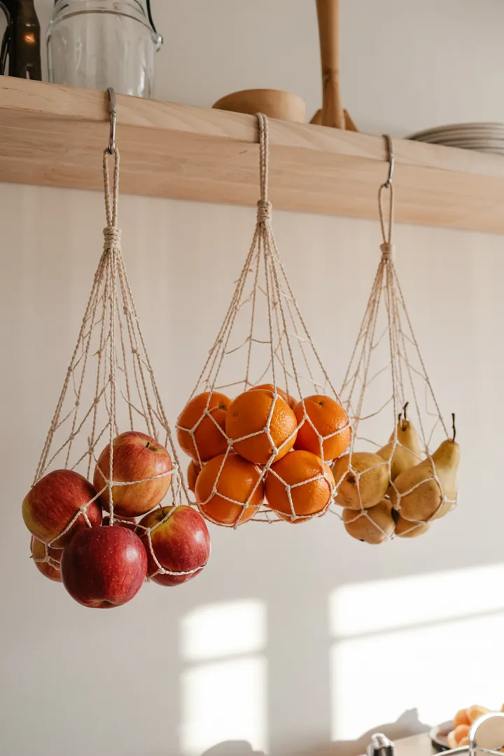 Vertikale Lösung mit drei hängenden Obstnetzen an einer Wandleiste; klar erkennbares Obst; Keyword Küche Aufbewahrung Obst.