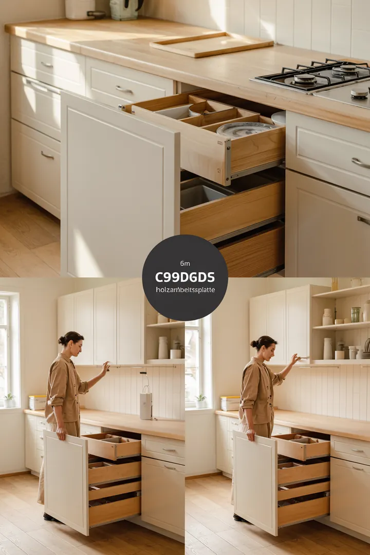 Bild zeigt geöffneten Unterschrank mit zwei neuen Innenauszügen, Töpfe und Schüsseln ordentlich einsortiert; Keyword Küche Aufbewahrung Schrank