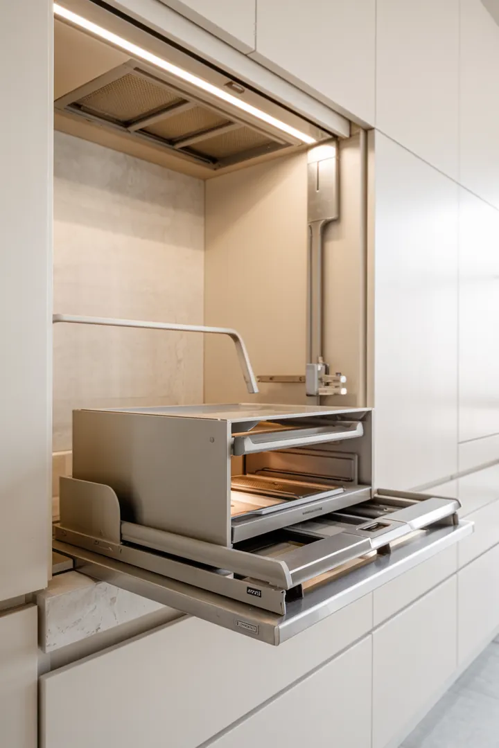 Offene Drahtkörbe im Unterschrank mit Kartoffeln und Zwiebeln, belüftet und beschriftet; natürliche Farben; Keyword richtig lagern Küche.