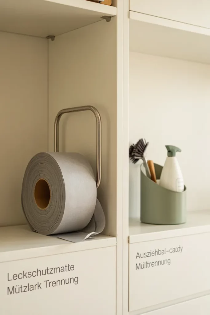 Langer schmaler Speisekammergang mit Regalen bis zur Decke, Rollwagen unten und beschrifteten Gläsern auf Augenhöhe; ruhige, helle Stimmung; Keyword Speisekammer organisieren.