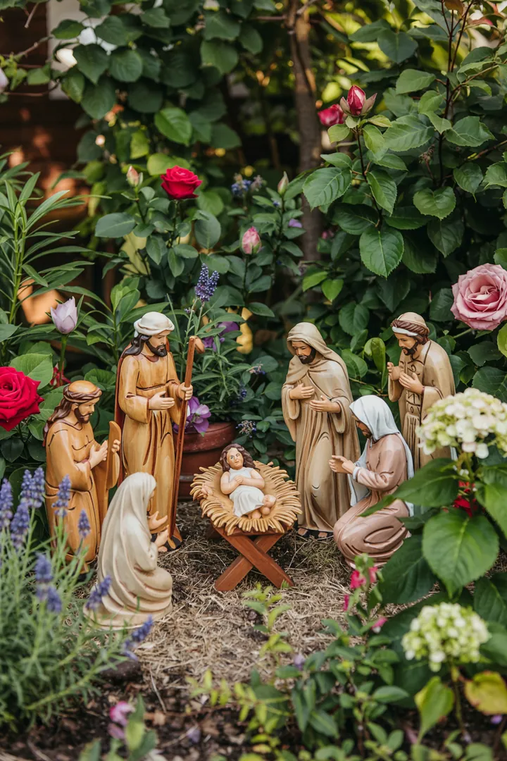 Ein liebevoll gestaltetes Weihnachtsdekor mit einer einzigartigen Krippe, die die Geburt des Königskinds in warmem Licht zeigt.