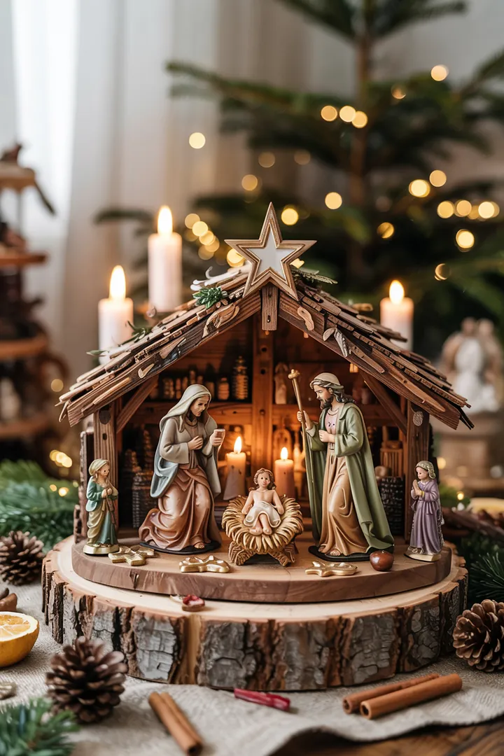 Eine kunstvoll gestaltete Weihnachtsdarstellung mit einer handgefertigten Szenerie, die das Königskind und die festliche Beleuchtung zeigt.