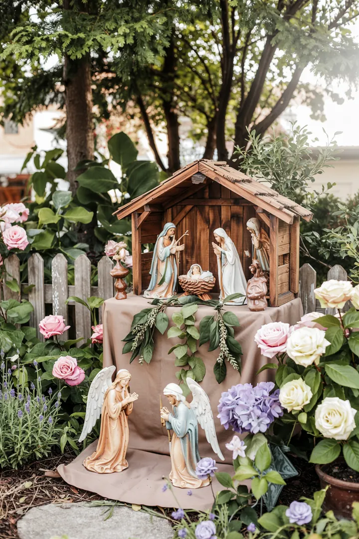 Ein liebevoll gestaltetes, handgefertigtes Weihnachtsensemble zeigt die Geburt des Königskinds, erleuchtet von stimmungsvoller Krippenbeleuchtung und erzählt die zeitlose Weihnachtsgeschichte.