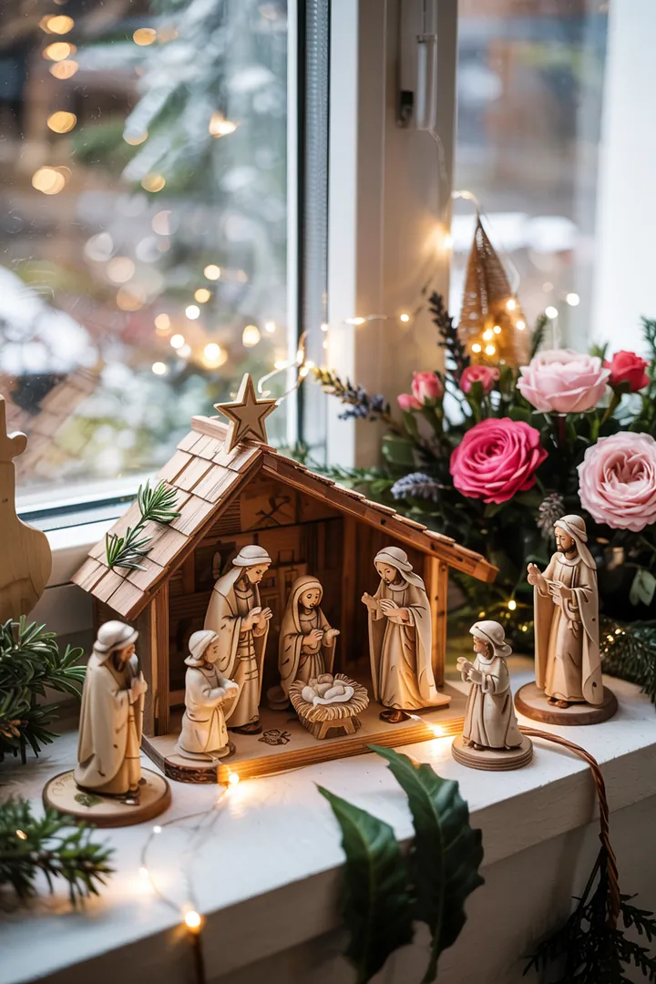 Ein handgefertigtes Weihnachtsmotiv mit sanfter Beleuchtung, das die Ankunft des Königskindes in einer festlichen Szene der Weihnachtsgeschichte darstellt.