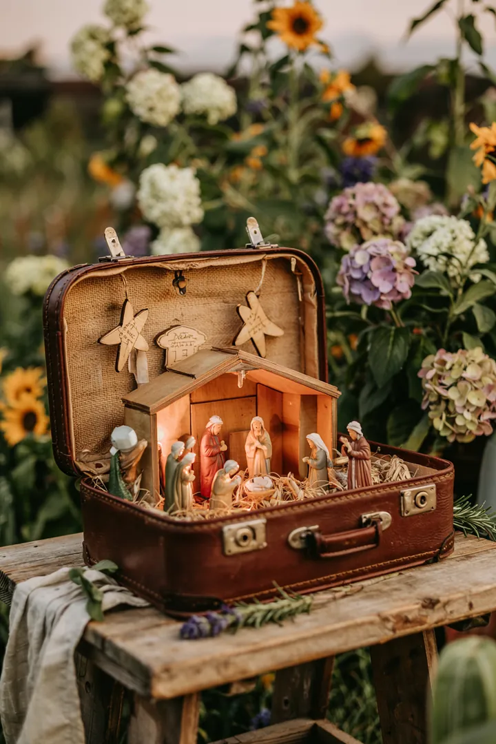 Eine kunstvoll gestaltete Krippe mit sanfter Beleuchtung, die die Geburt des Königskinds in der Weihnachtsgeschichte eindrucksvoll darstellt.