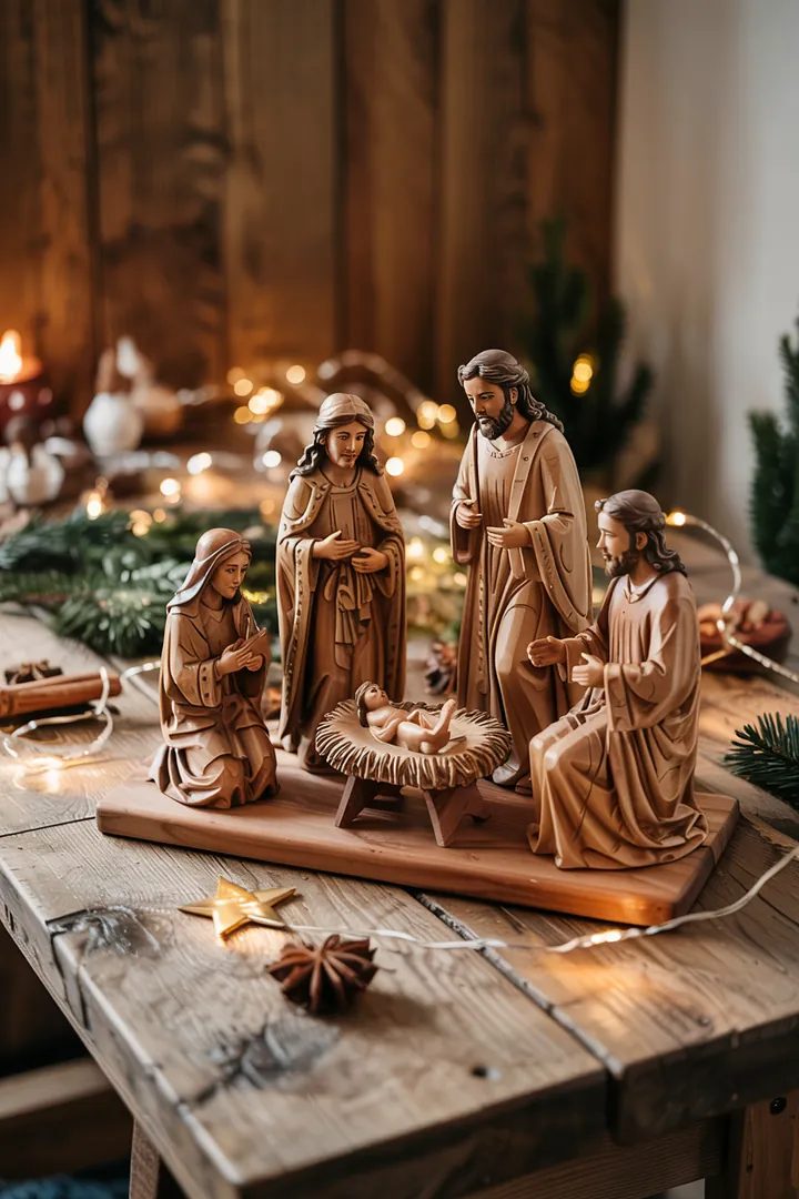 Eine kunstvoll gestaltete Szene mit einer selbstgebauten Krippe, die das Königskind in sanftem Licht erstrahlen lässt und die Weihnachtsgeschichte lebendig werden lässt.