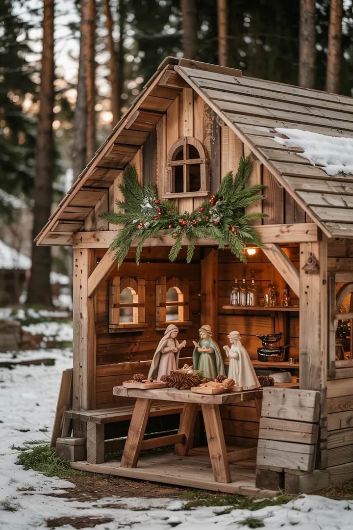 Ein handgefertigtes Weihnachtsdorf mit stimmungsvoller Beleuchtung, das die biblische Erzählung des Königskindes in einer festlichen Szenerie einfängt.