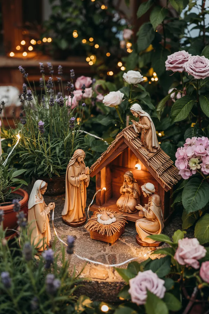 Eine kunstvoll gestaltete Szene mit einer handgefertigten Weihnachtsdarstellung, die das Licht des göttlichen Neugeborenen in der Weihnachtsgeschichte einfängt.