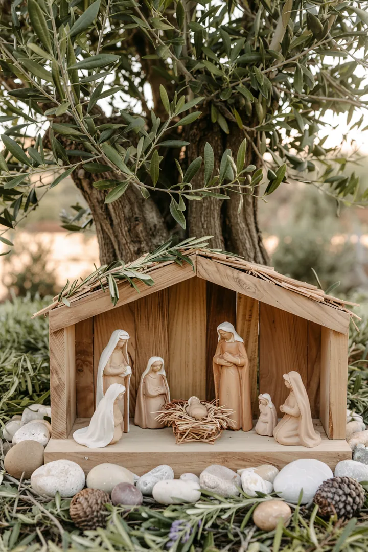 Ein kunstvoll gestaltetes Modell einer Weihnachtskrippe, das die Geburt eines besonderen Kindes in einer festlichen Atmosphäre mit stimmungsvoller Beleuchtung darstellt.