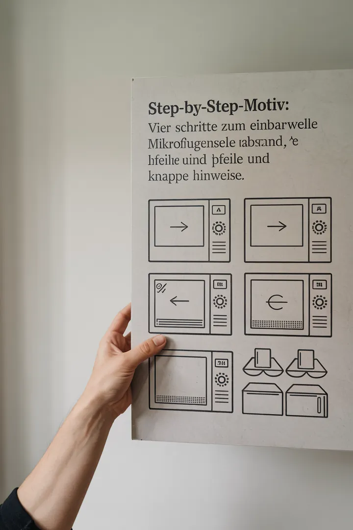 Vier Schritte zum Einbau einer Mikrowelle mit Belüftungsabstand, Pfeile und knappe Hinweise. Deutliche Details, gut erkennbar; küche aufbewahrung küchengeräte im Fokus, screenreader-freundlich beschrieben.