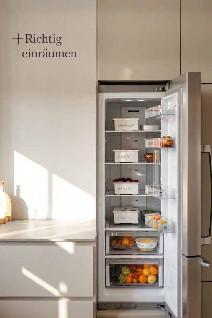 Hero-Foto eines ordentlichen Kühlschranks mit beschrifteten Zonen; Fokus auf Obstfächer und Boxen; Keyword Küche Obst Aufbewahrung.