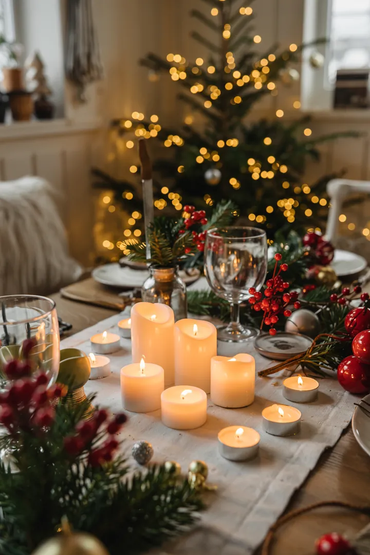 Eine stimmungsvolle Beleuchtung aus leuchtenden Elementen, die eine gemütliche Atmosphäre im goldenen Herbst schaffen, umgeben von buntem Laub.