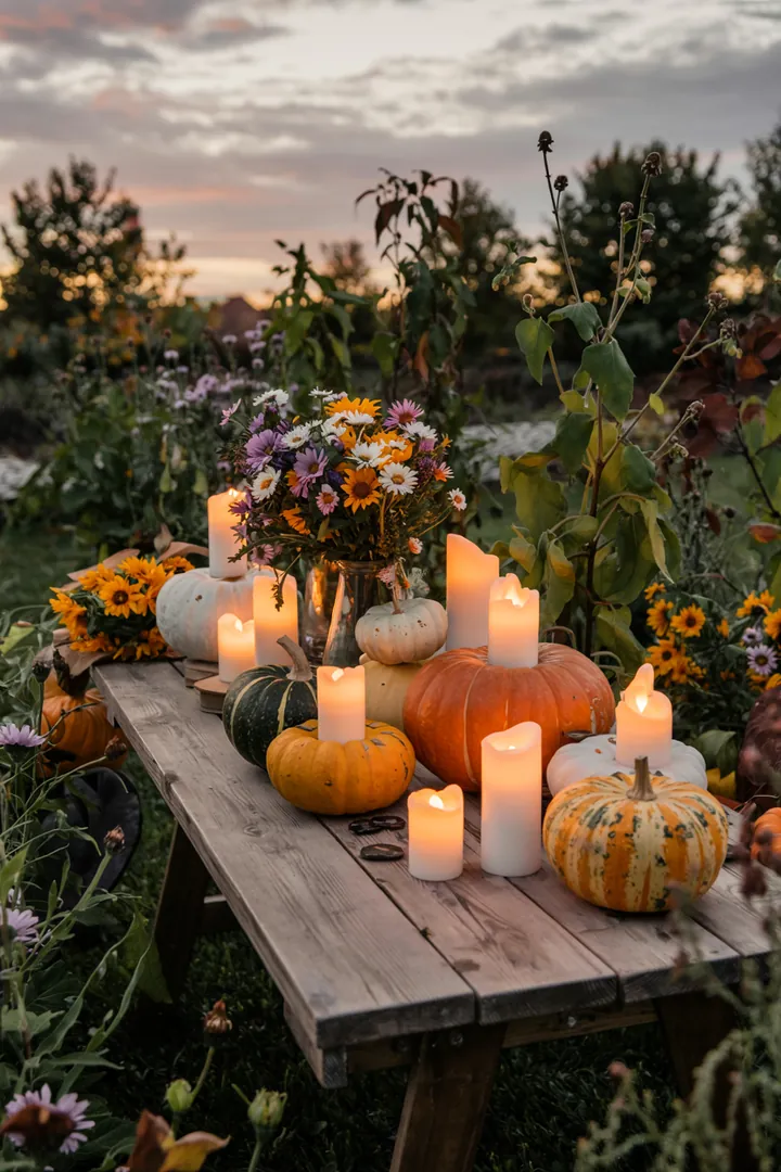 Ein stimmungsvolles herbstliches Arrangement mit einer leuchtenden Lichtquelle, Kürbissen und natürlichen Elementen, ideal für kreative Tischgestaltungen.