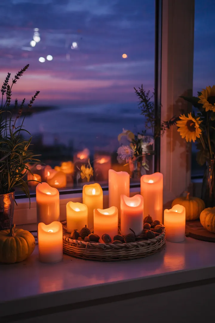 Ein einladender Eingangsbereich im Herbst, geschmückt mit bunten Blättern und Eicheln, strahlt warme Farben und natürliche Schönheit aus.