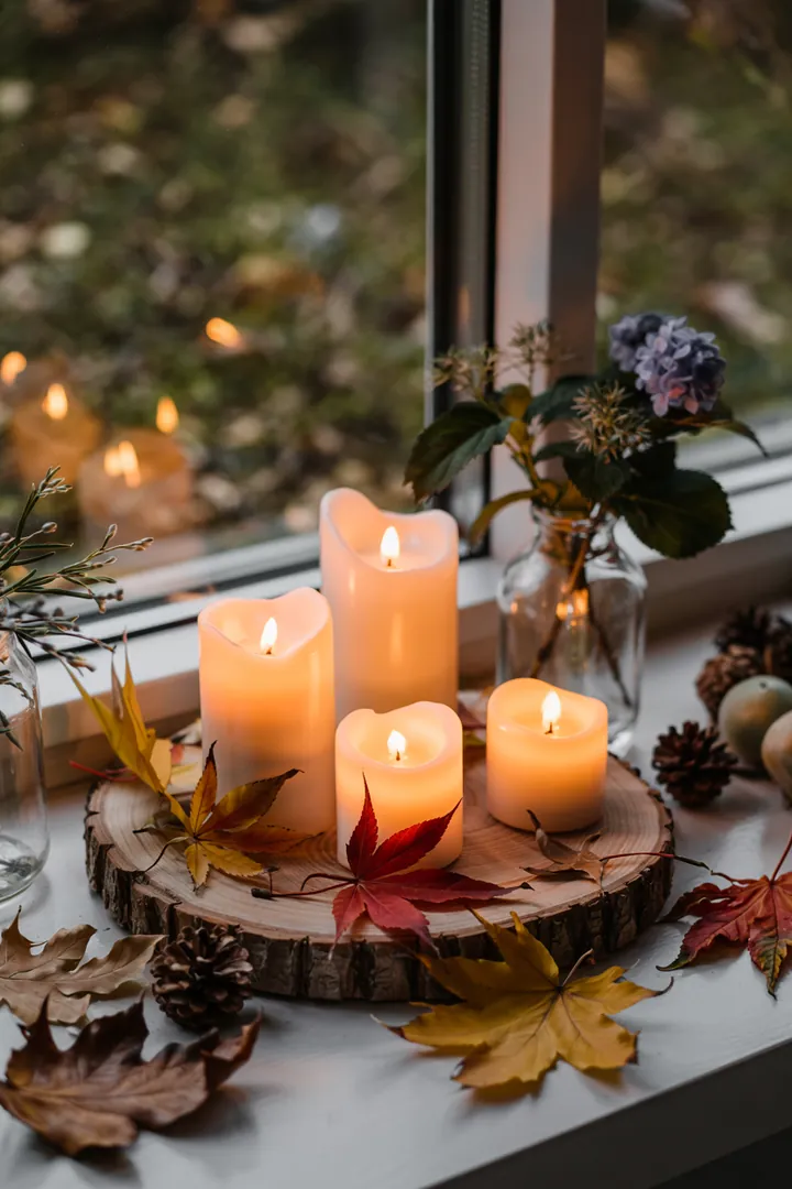 Ein einladender Außenbereich mit warmen Farbtönen, geschmückt mit natürlichen Elementen der kühleren Jahreszeit, perfekt für eine herbstliche Atmosphäre.