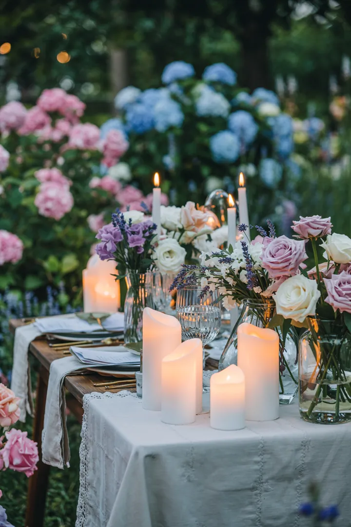 Ein romantisches Ambiente mit warmem Licht, das durch flackernde Lichtquellen in einer stilvollen Feierlichkeit für einen besonderen Anlass strahlt. Elegante Gestaltungselemente für eine unvergessliche Zeremonie.