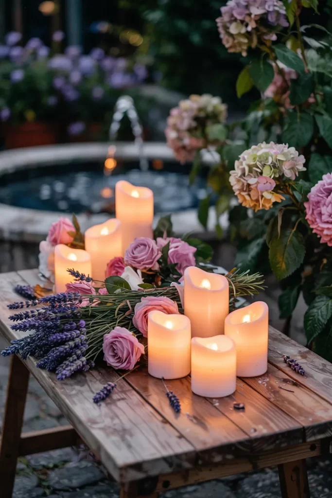 Sanftes Licht erleuchtet eine festlich dekorierte Tafel für eine romantische Feier, umgeben von eleganten Elementen und floralen Akzenten.