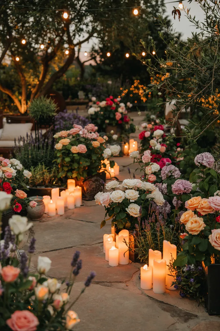 Romantische Outdoor-Feier mit funkelnden Lichtakzenten, die eine liebevolle Atmosphäre im grünen Bereich schaffen. Ideal für eine Hochzeit im Garten.