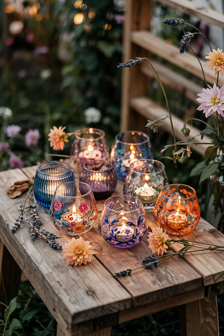 Zarte, dekorative Gläser für sanftes Licht, perfekt kombiniert mit modernen, elektrischen Kerzen für eine stimmungsvolle Atmosphäre.