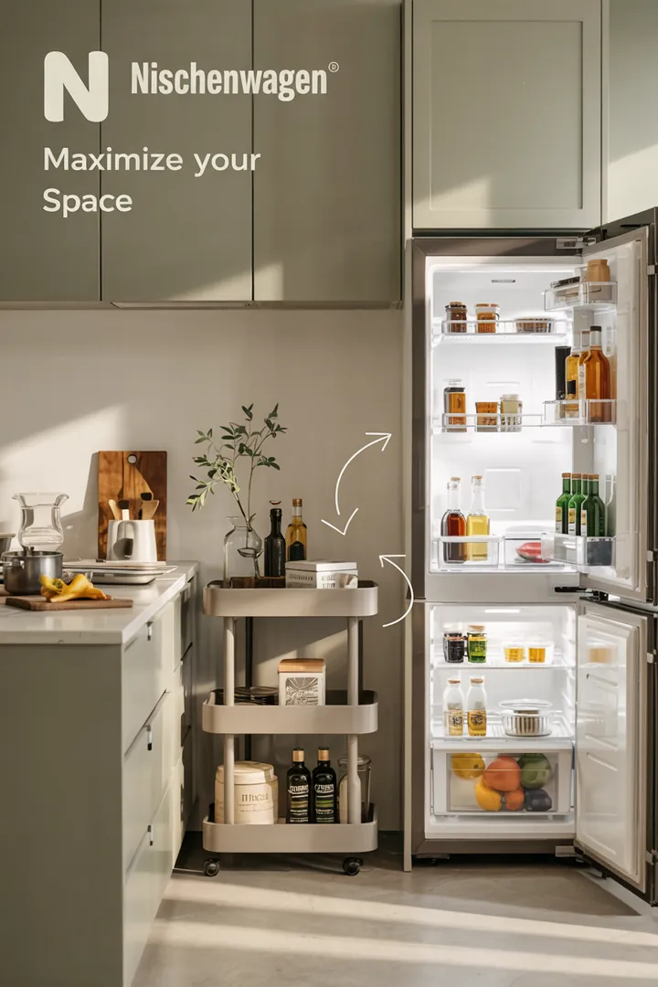 Schmaler Rollwagen zwischen Kühlschrank und Schrank; Flaschen und Vorräte ordentlich; Keyword Küche Aufbewahrung Getränke.
