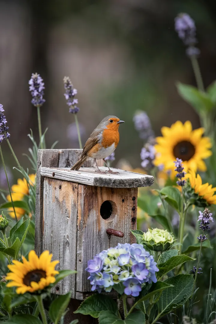 Ein rustikaler Vogelunterschlupf aus Holz hängt an einem Baum, umgeben von grünen Blättern und Sonnenlicht, ideal für gefiederte Freunde.