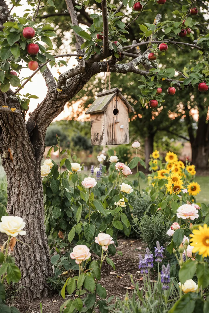 Ein kunstvoll gestalteter Unterschlupf für Vögel, der in einem grünen Garten aufgehängt ist und eine sichere Brutstätte bietet.