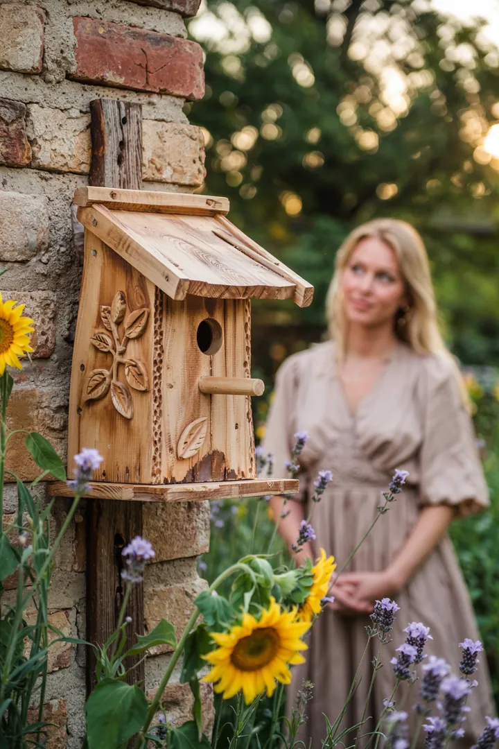 Ein handgefertigter Nistkasten aus Holz, der in einem grünen Garten aufgehängt ist, um Vögeln einen sicheren Brutplatz zu bieten.