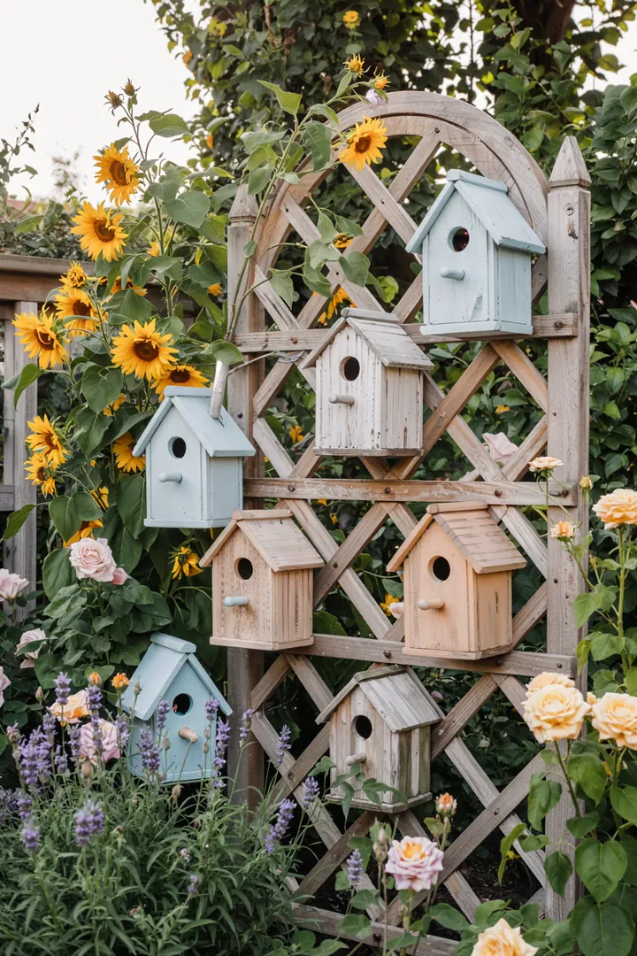 Ein handgefertigter Holzbehälter für Vögel, der als schützender Unterschlupf in einem Garten dient. Ideal für die Vogelbeobachtung.
