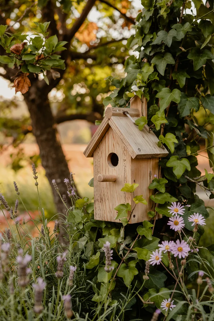 Ein handgefertigter Nistkasten aus Holz, ideal für Vögel, der in einem grünen Garten aufgehängt ist, umgeben von bunten Blumen und strahlendem Sonnenlicht.
