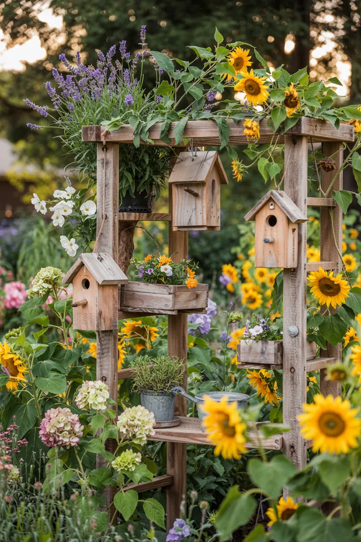 Ein handgefertigter Nistkasten aus Holz, der harmonisch in eine grüne Landschaft integriert ist und Vögeln einen sicheren Lebensraum bietet.
