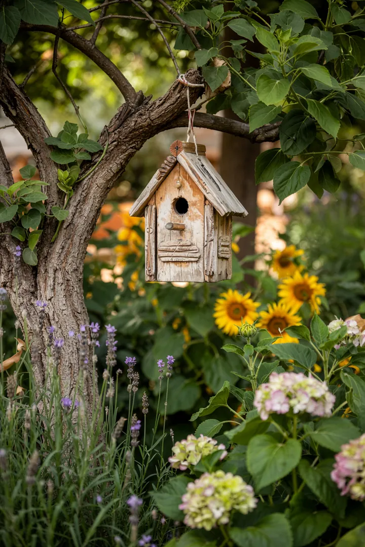 Ein handgefertigter Nistkasten aus Holz, perfekt für Vögel, um einen sicheren Lebensraum zu schaffen und ihre Jungen großzuziehen.
