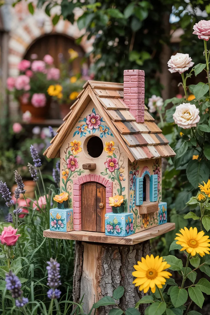 Ein kunstvoll gestaltetes Vogelhaus aus Holz, das in einem grünen Garten hängt, um Vögeln einen sicheren Platz zum Nisten zu bieten.