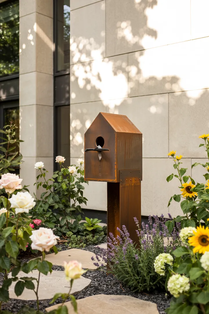 Ein rustikales Vogelhaus aus Holz, aufgehängt an einem Baum, umgeben von grünen Blättern und blühenden Pflanzen, bietet Vögeln einen sicheren Platz zum Nisten.
