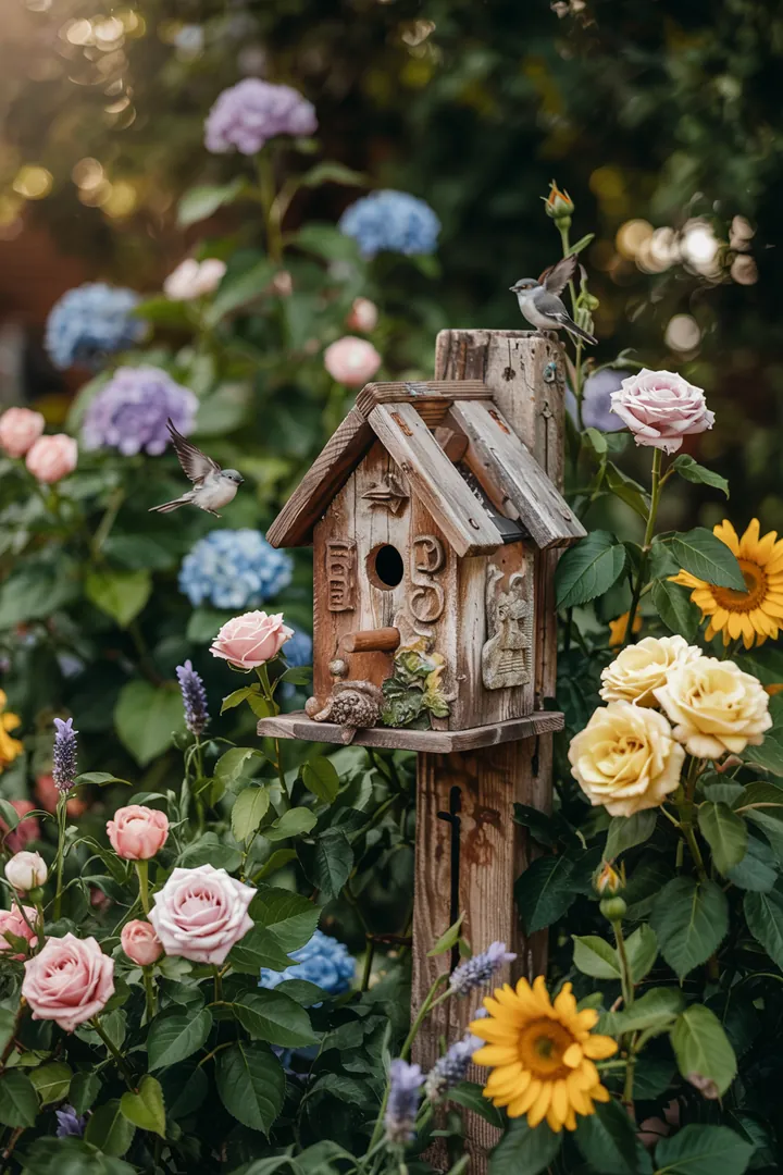 Ein kunstvoll gestalteter Nistkasten aus Holz, der in einem grünen Garten hängt, umgeben von bunten Blumen und dichtem Laub.