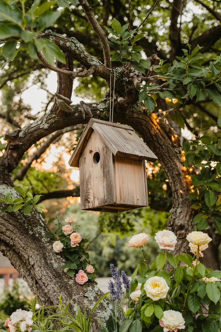 Ein rustikales Vogelhaus aus Holz, umgeben von üppigem Grün, lädt gefiederte Freunde zum Nisten ein.