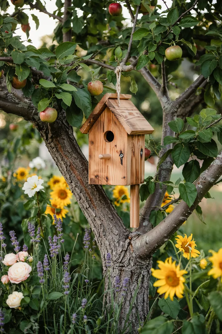 Ein liebevoll gestalteter Rückzugsort für Vögel, der in einem Garten aufgehängt ist und die Natur fördert. Ideal für die Beobachtung von Wildtieren.